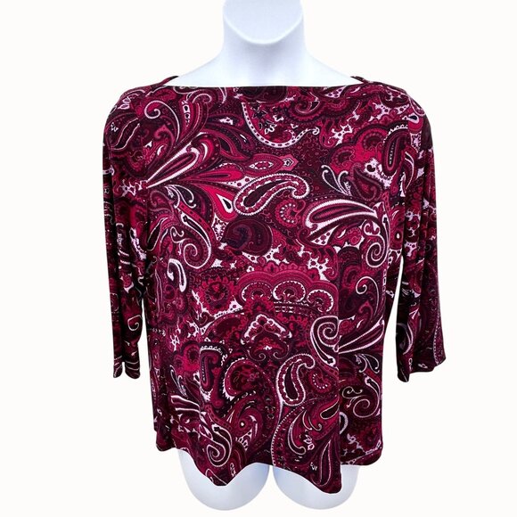 NWT JACLYN SMITH RED PINK PAISLEY PRINT 3/4 SLEEVE STRETCH TOP - XL - Picture 1 of 3